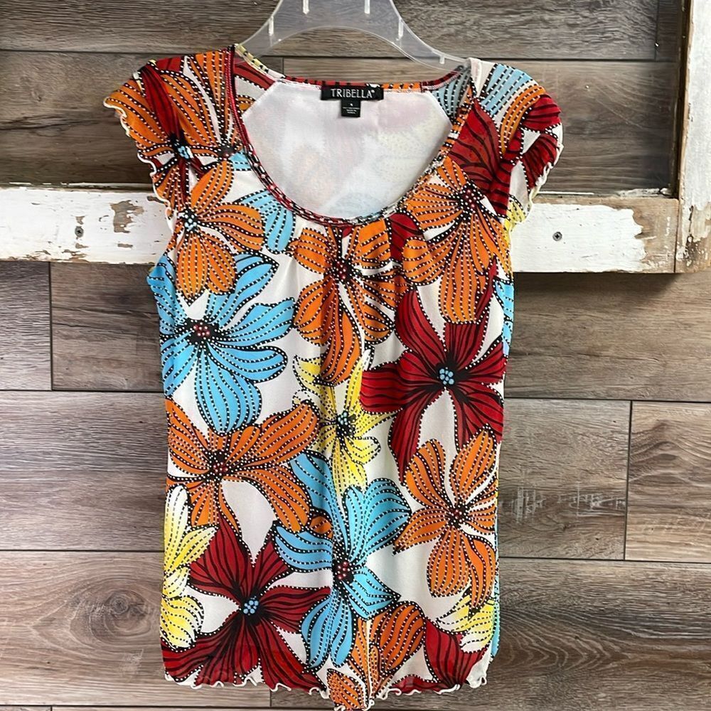 Tribella Bright Floral Sleeveless Scoop Beaded Neckline Top, Size S, Multicolor